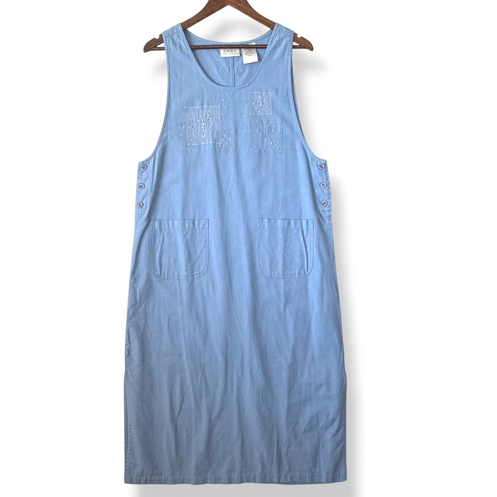 Erika Jumper Dress L Blue Cotton Linen Embroidered Pockets Teacher Cottagecore